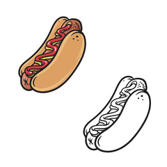 hotdog. drawing with line art. outline. colours. cartoon. hand drawn. you can change color you want. easy to edit. vector illustrations