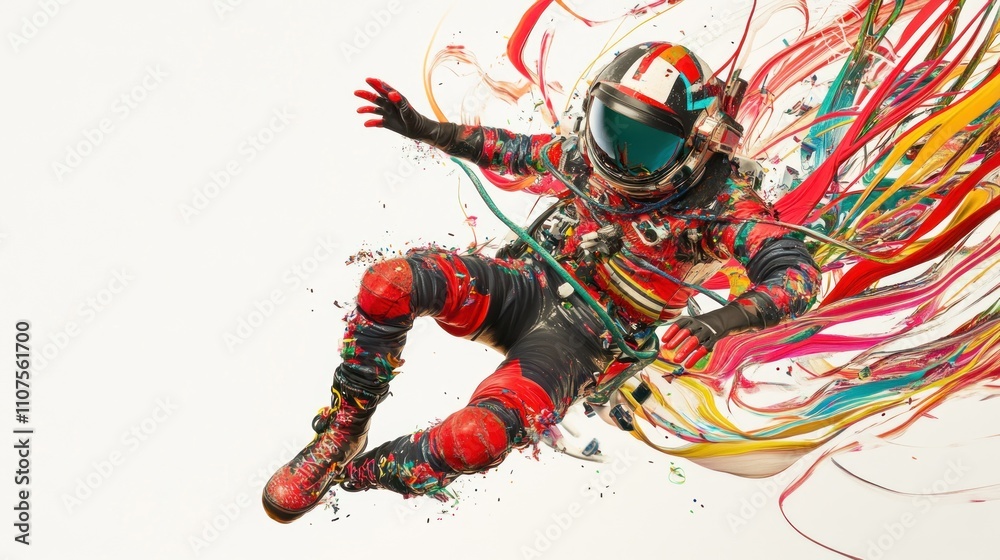 Poster an astronaut surrounded by vibrant splashes of color, symbolizing creativity and exploration.