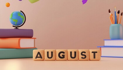 August monthly theme display with educational elements in home office setting playful vibe