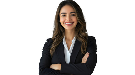 Obraz premium Confident Businesswoman in Stylish Attire, Smiling and Crossed Arms – Inspiring Leader with Positive Attitude and Success in the Corporate World