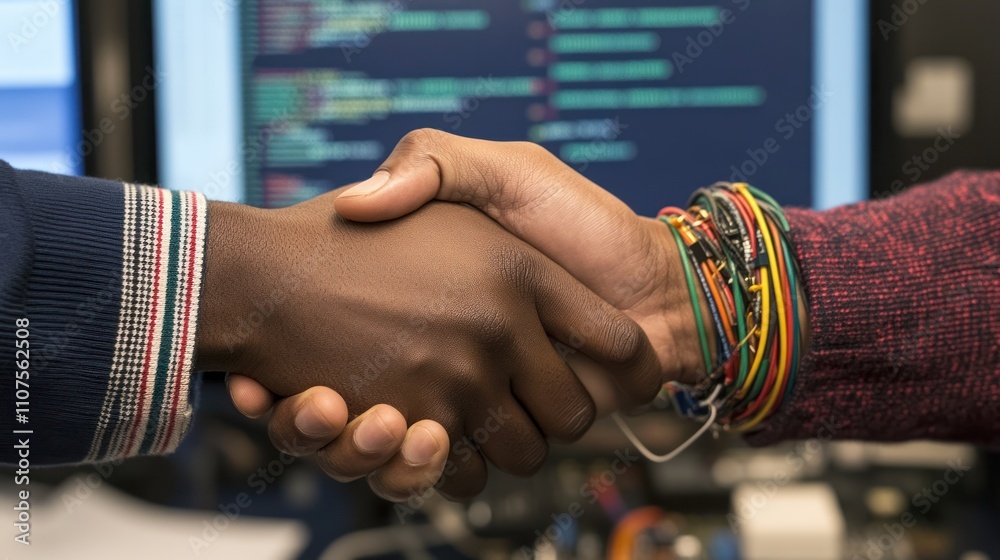 Poster two hands shaking in a collaborative environment, symbolizing partnership and agreement.