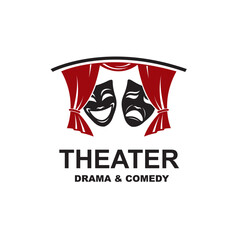 icon of comedy and tragedy theatrical masks with curtains isolated on white background