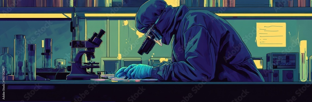 Poster a scientist examines samples under a microscope in a laboratory setting.