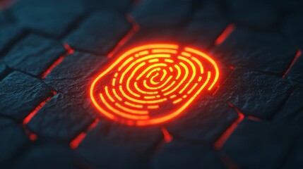 A glowing red fingerprint pattern on a textured surface, symbolizing security, identity, and technology.