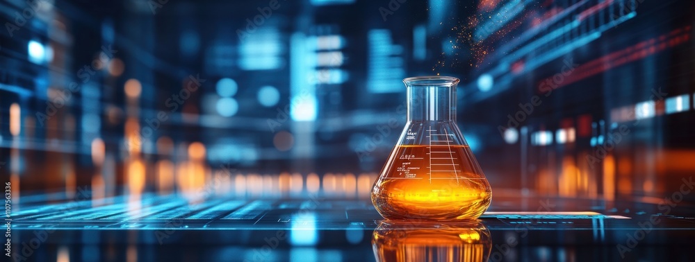 Aufkleber a laboratory flask filled with orange liquid, set against a futuristic digital background.