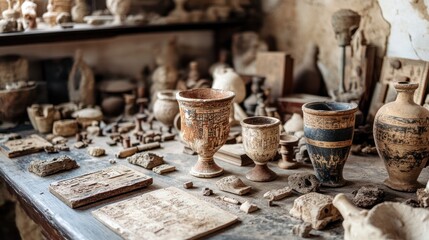 A collection of ancient relics unearthed from an archaeological site, displayed on a study table for analysis