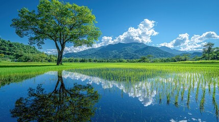 Obraz premium Tranquil Reflection of Trees and Mountains in Peaceful Rice Field