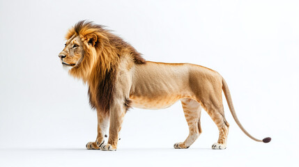Obraz premium Full body lion side view portrait standing isolated on white background. wild male carnivore predator cat animal with mane, africa jungle king, danger, power, big.
