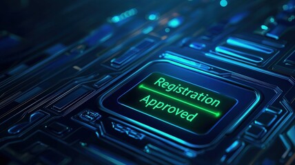 Fototapeta premium Register approval concept. Digital circuit board featuring a glowing Registration Approved button, symbolizing successful digital processes or technology approvals.