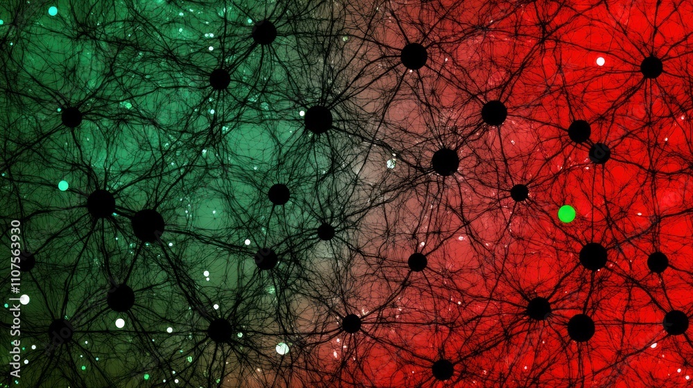 Poster Abstract network visualization with nodes and connections in green and red hues.