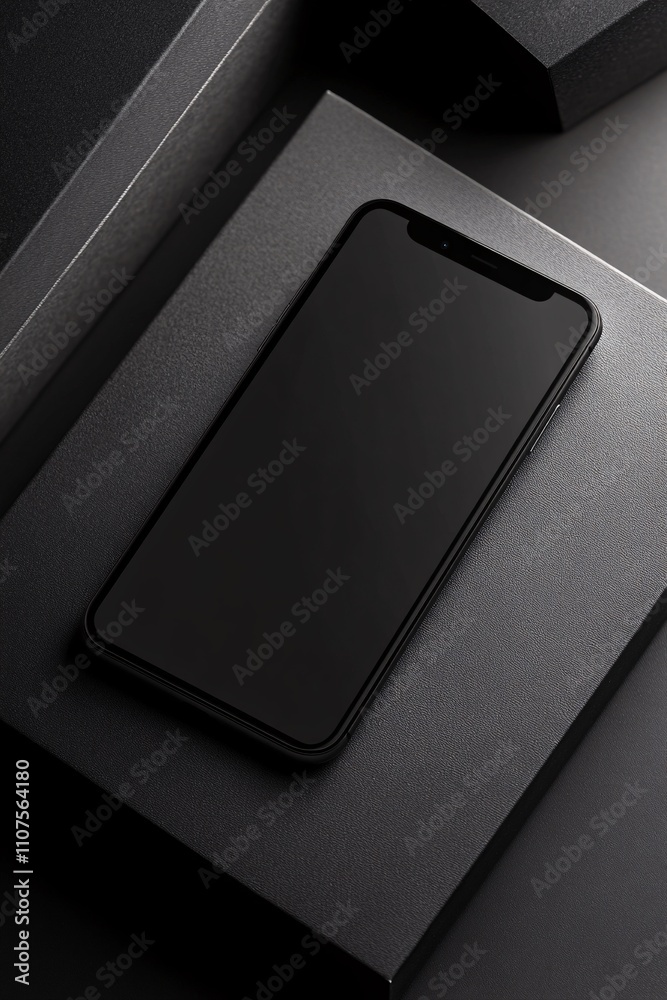Poster modern smartphone resting on geometric black surface with blank screen