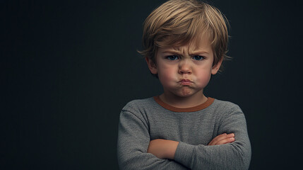Mad male kid, angry little boy standing with his arms crossed, and looking at the camera with upset face expression. unhappy toddler, studio shot, annoyed and frustrated child emotion.