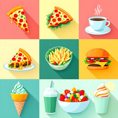 A set of illustrations of popular food items, including pizza, burger, coffee cup, salad, and ice cream.