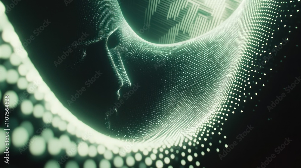 Aufkleber Abstract representation of a face intertwined with flowing digital patterns and light.