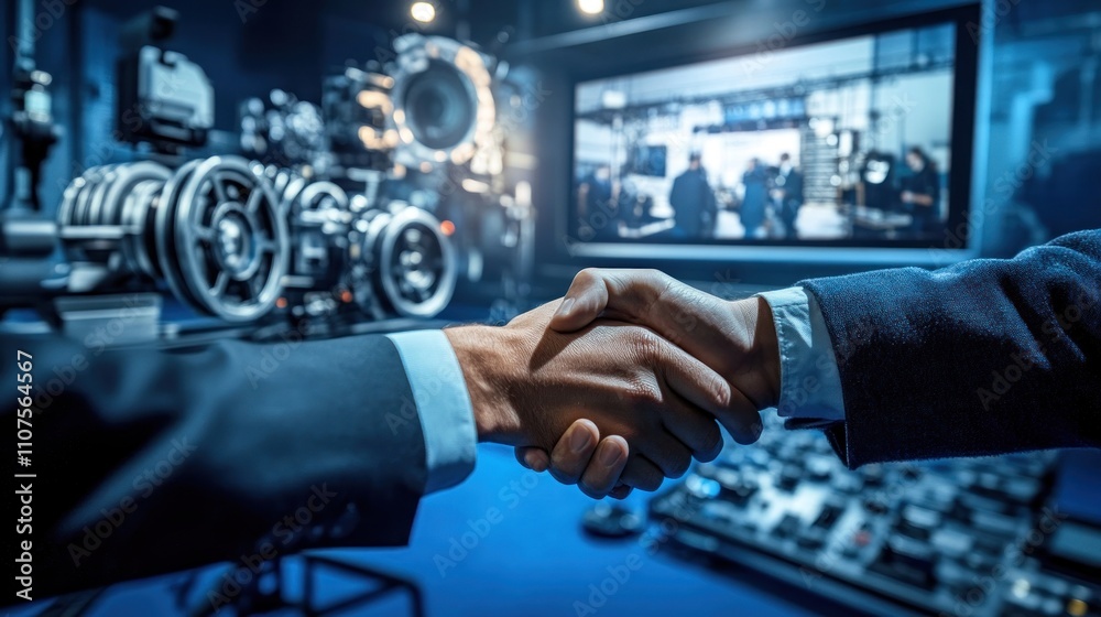 Aufkleber a handshake signifies collaboration in a modern technology setting.