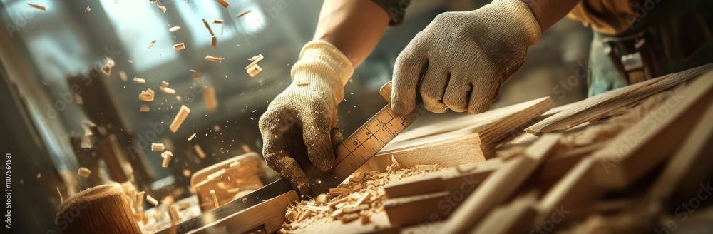 Poster a craftsman working with wood, showcasing tools and shavings in a workshop environment.