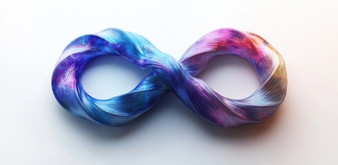 Fototapeta premium An abstract geometric figure of glass, shaped like an infinity symbol. A holographic, wavy sculpture, transparent and iridescent, crafted from crystal or plastic, against a purple background.