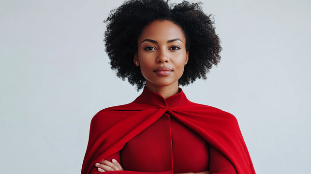 Portrait of confident black african american businesswoman with crossed arms, wearing red superhero cape isolated on white background. brave and strong female leader, successful, achievement.