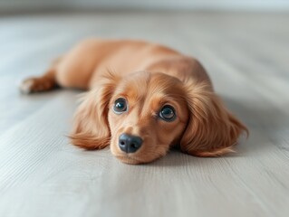 Brown dog on wooden floor