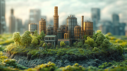 Obraz premium Industrial facility surrounded by lush greenery in a modern urban setting at dawn. Generative AI
