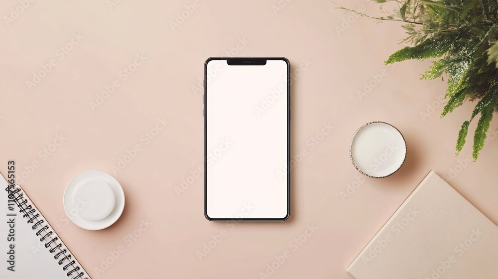 Poster smartphone with blank screen displaying app design on pink table with office supplies