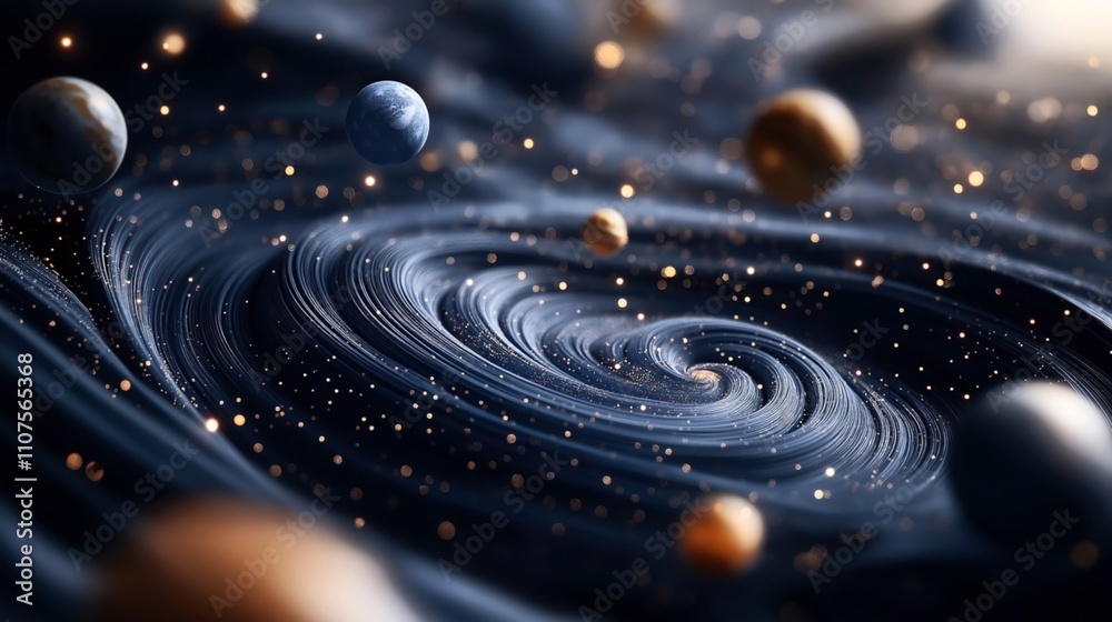 Wall mural abstract depiction of swirling cosmic vortex with floating planets and sparkling stardust in a dark 