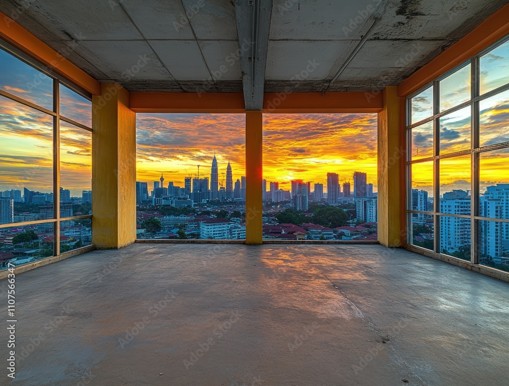 Poster a stunning sunset view from an empty room with large windows overlooking a city skyline.