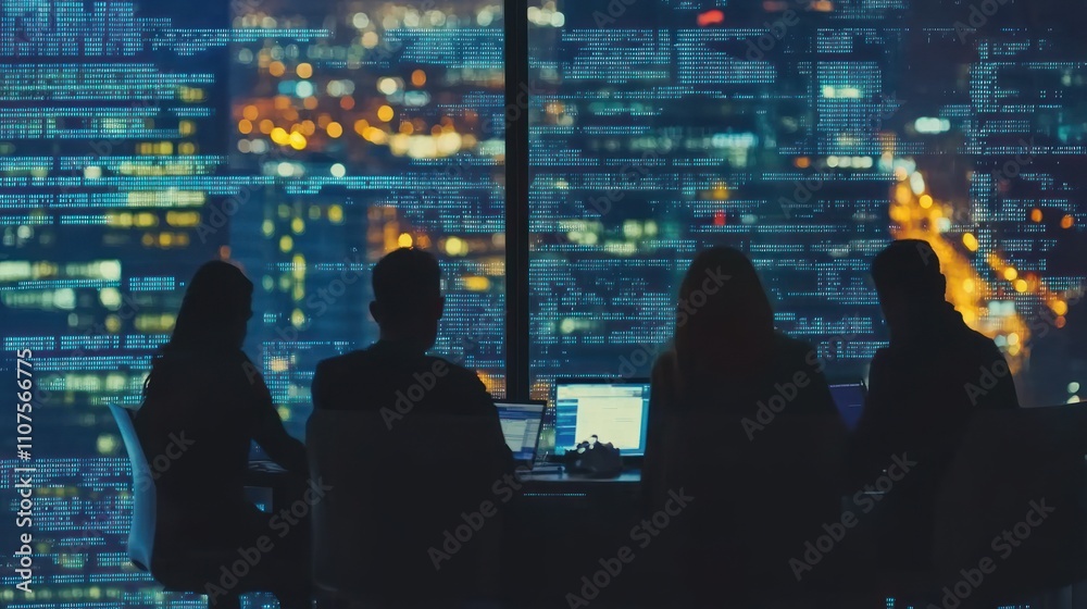 Poster A group of professionals collaborating at night with a city skyline and digital data backdrop.