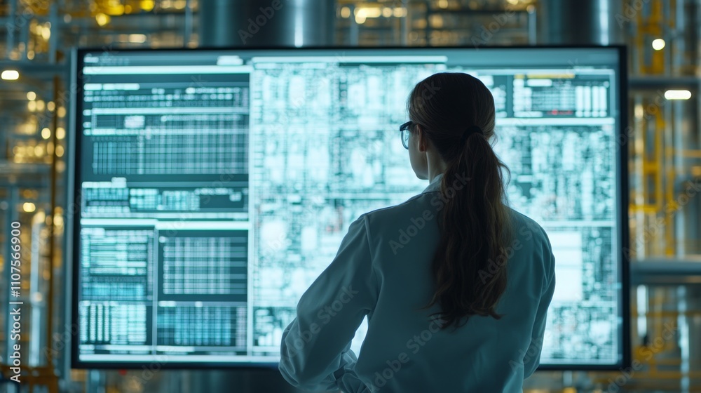 Poster A female professional in a lab coat stands in front of a large digital display, focused on intricate data visualizations. The advanced laboratory setting highlights high-tech equipment.