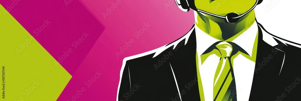 Poster a stylized graphic of a person in a suit with a headset against a colorful background.