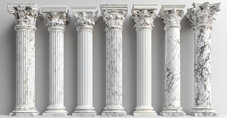 A contemporary 3D illustration of an ancient Roman white clay column, together with a Greek stone pillar from a temple and a marble colonnade designed for a historical building's facade.