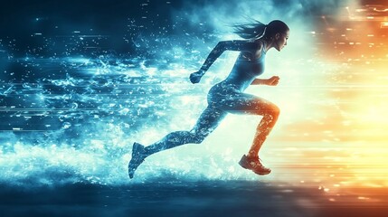Powerful Athlete Sprinting Through Waves at Sunset Showcasing Strength and Momentum