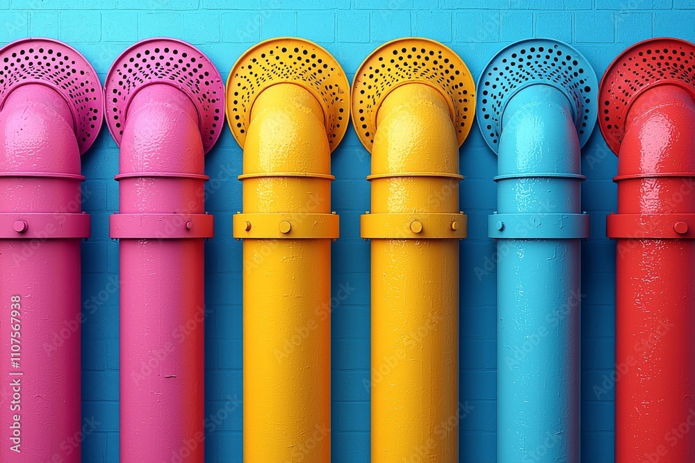 Poster a blue background with an array of multicolored geometric shapes and objects, created as a 3d render