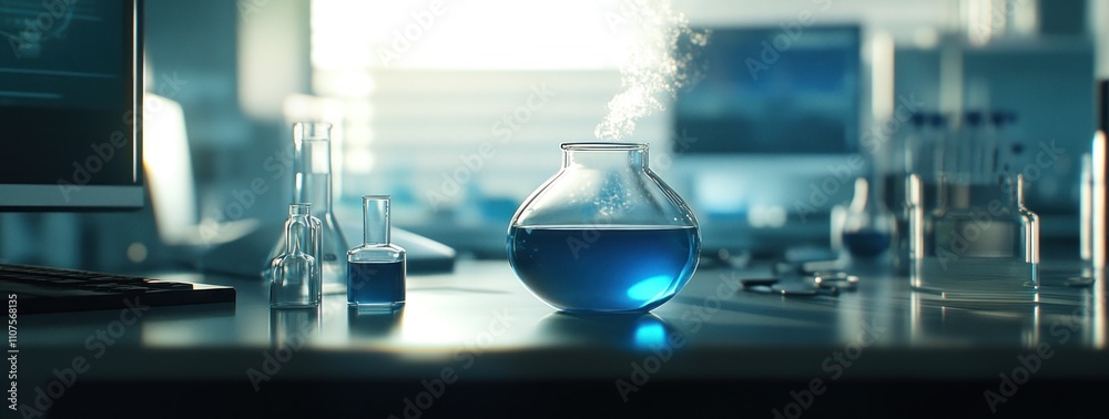 Aufkleber a laboratory scene featuring a bubbling flask with blue liquid and various glassware.