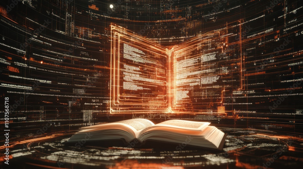 Poster an open book surrounded digital data symbolizing knowledge and technology integration