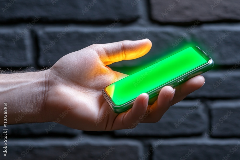 Poster a close-up image of a hand holding a cellphone with a glowing notification on the screen, set agains