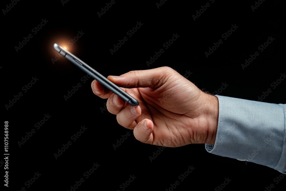 Poster A close-up image of a hand holding a cellphone with a glowing notification on the screen, set against a dark background