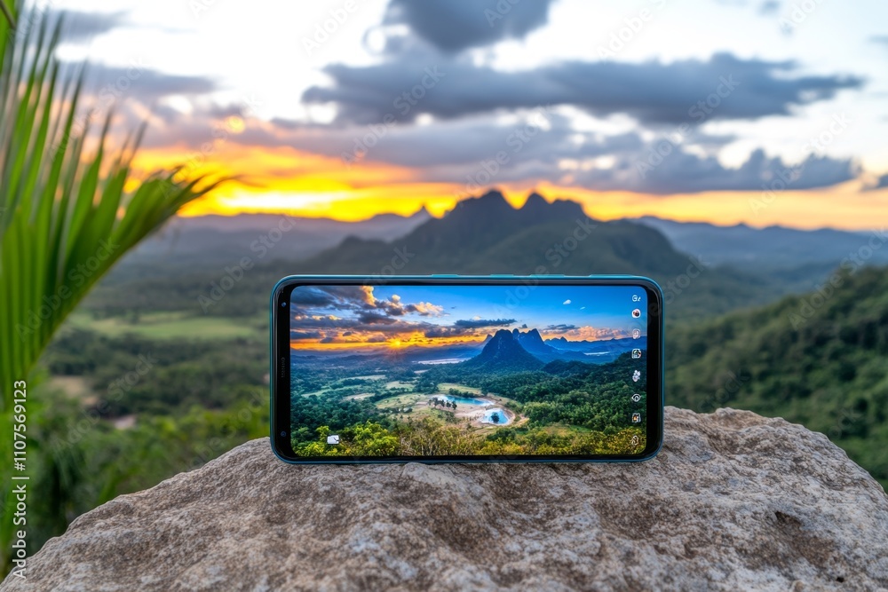 Poster a close-up image of a sleek smartphone capturing a stunning sunset, with the photo displayed on its 