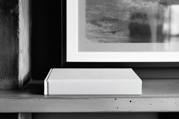 A white, textured photo album rests on a grey shelf, next to a framed black and white landscape photograph.  Minimalist home decor.