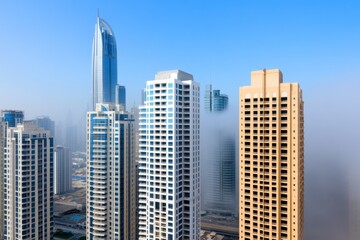 Fototapeta premium A city engulfed in early morning fog, with only the tallest skyscrapers peeking through the mist