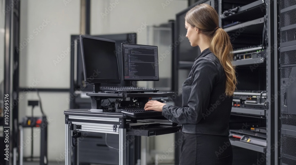 Poster A woman stands in a contemporary server room, focused on her work at dual computer monitors. She exudes professionalism while managing technical tasks in a well-equipped environment.