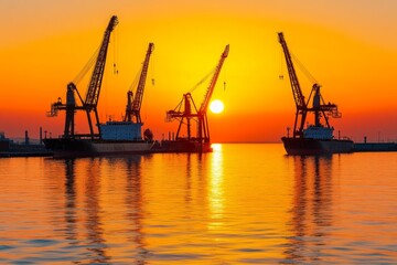 Fototapeta premium A city harbor with cranes and cargo ships under a dramatic orange sunset, reflecting industrial life