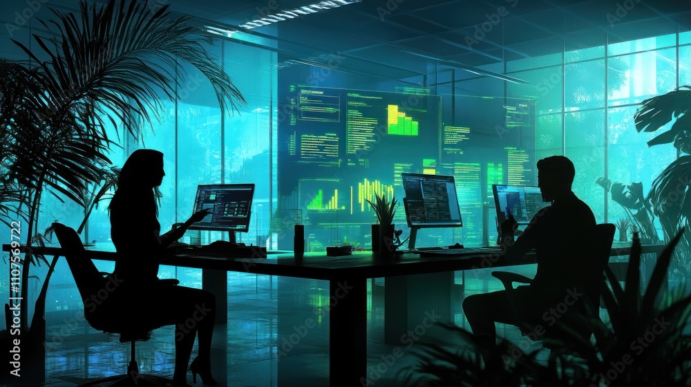 Poster a modern office scene with silhouettes of two individuals working on computers amid greenery.