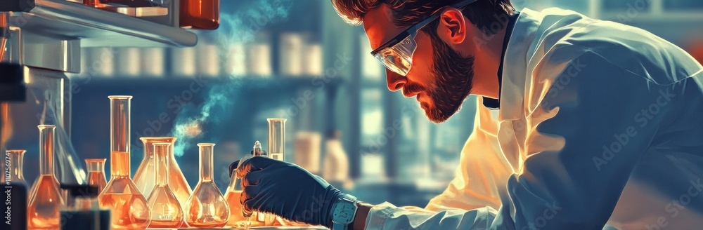 Aufkleber a scientist conducts experiments in a laboratory with various glassware and chemical reactions.