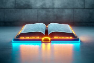 A clean 2D illustration of an open Bible with colorful bookmarks and glowing text on a crisp white background