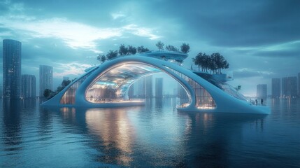 Obraz premium Floating futuristic buildings designed to rise above water, integrating cutting-edge architecture