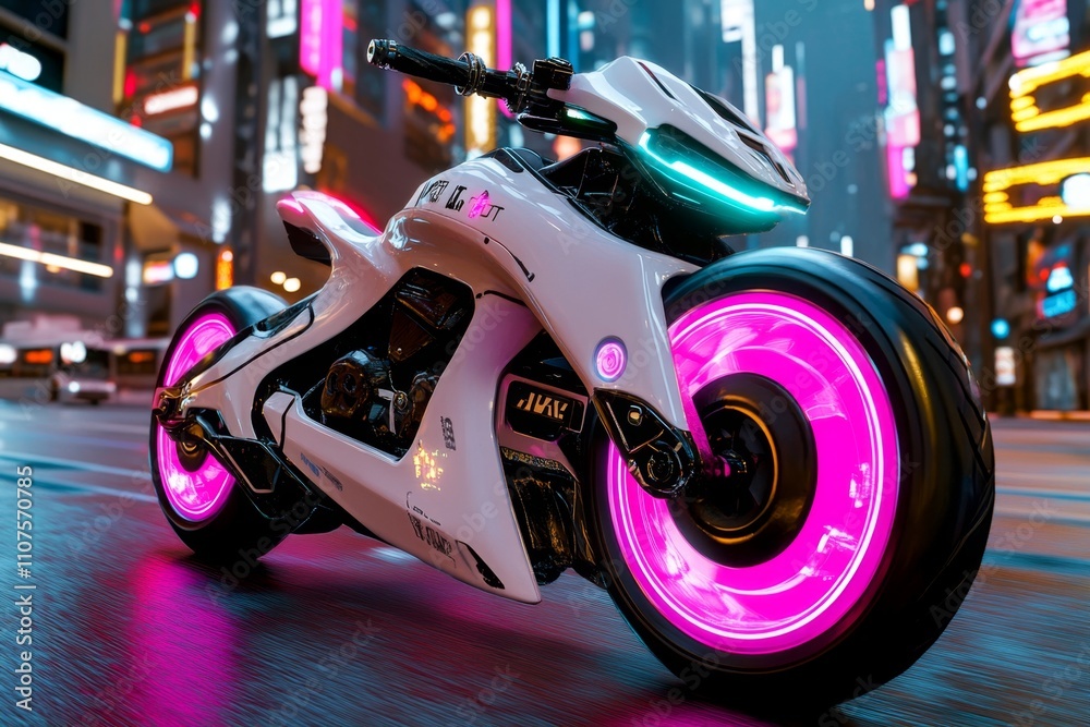 Poster a cyberpunk-inspired bicycle with neon-lit wheels and a glowing digital display on the handlebars, r