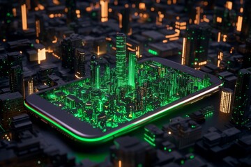 Obraz premium A cyberpunk-themed cellphone with neon-lit edges, surrounded by holographic notifications in a dark futuristic city