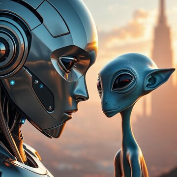 Humanoid robot meeting a friendly alien in futuristic city during sunset