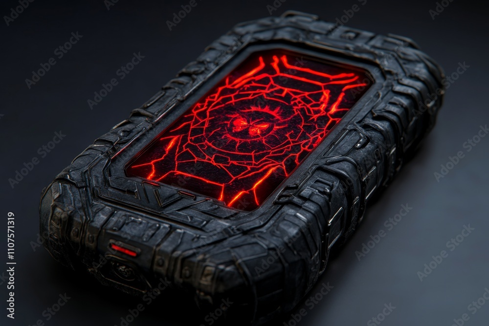 Poster a dark and gothic cellphone with ornate, black detailing and a glowing red screen, set in a shadowy 